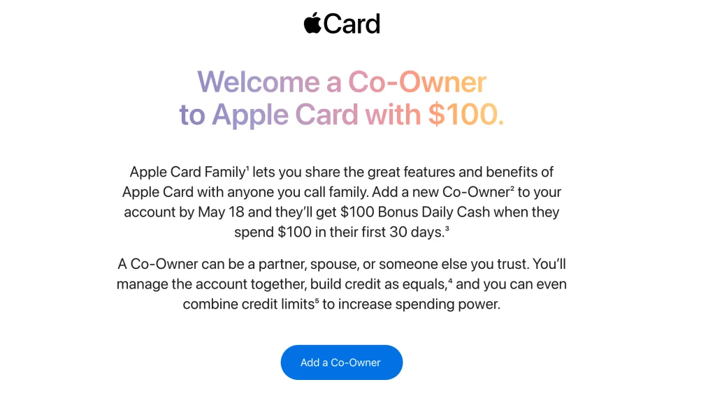 Limited-time Apple Card promo offers $100 Bonus Daily Cash when you add a co-owner