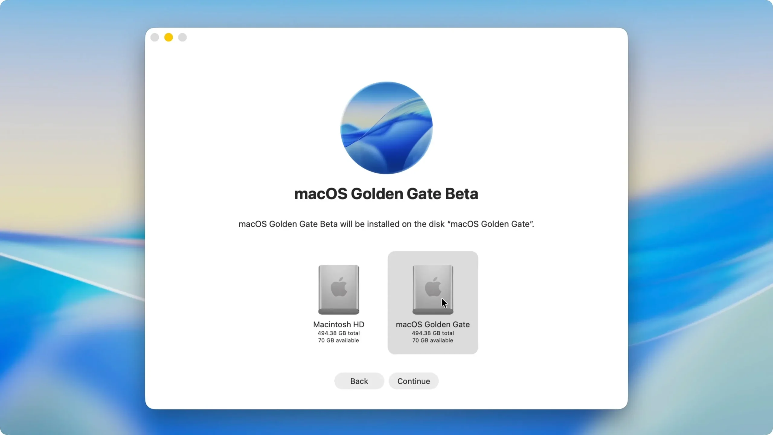 Install macOS Golden Gate on the new APFS volume