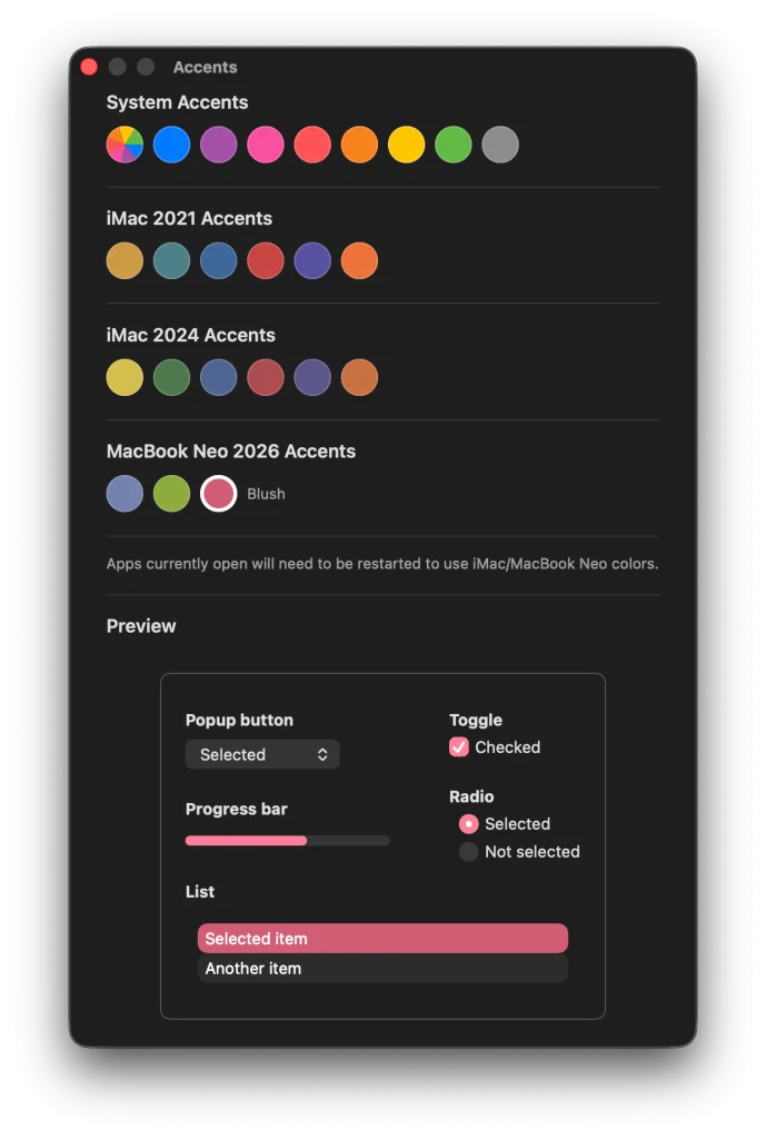 This app adds MacBook Neo and iMac accent colors to any Mac